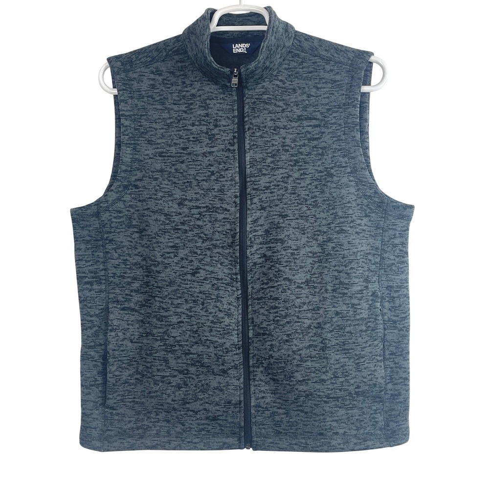 00769 Lands End Mens Fleece Vest Dark Heather Gray L Full Zip Insulated Pockets